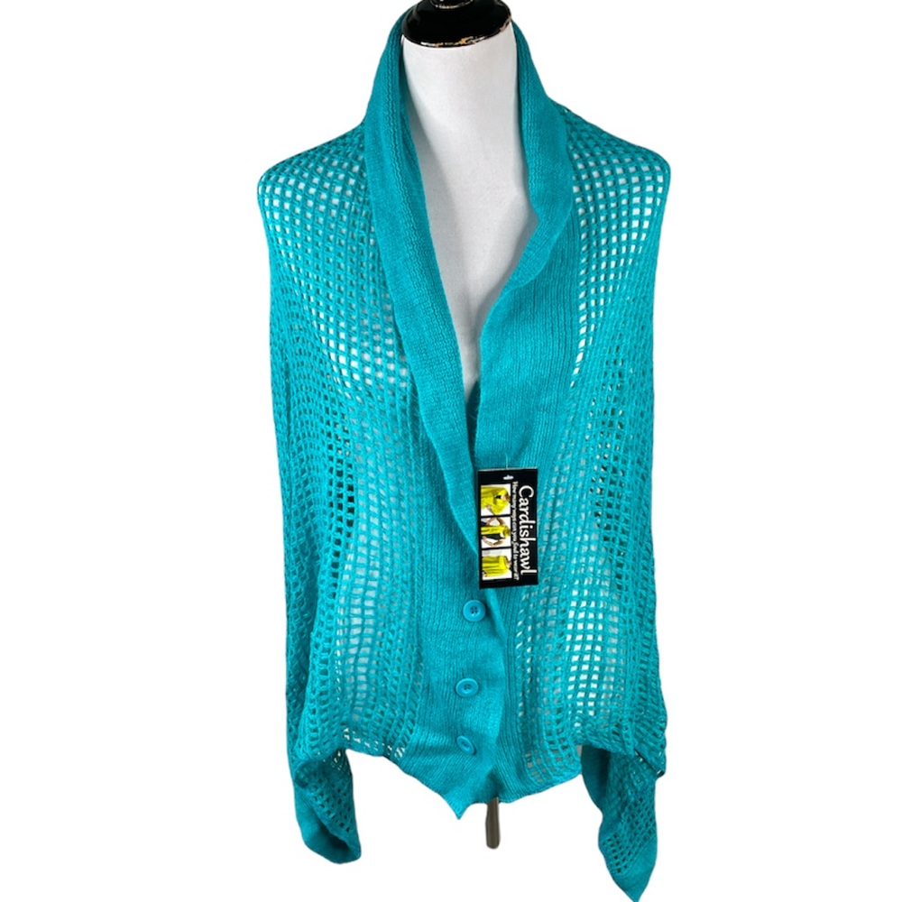 Fishnet Knit Button Up Cardishawl, Teal, Blue, OS